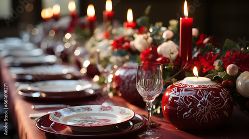 Christmas Dinner table full of dishes with food and snacks, New Year's decor