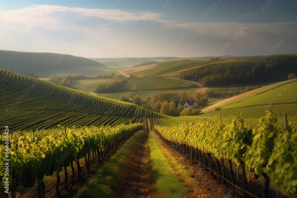 Vineyards surrounded by hills in South Moravia, Czech Republic. Generative AI