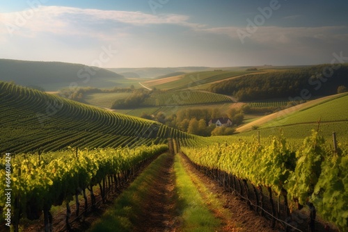 Vineyards surrounded by hills in South Moravia, Czech Republic. Generative AI