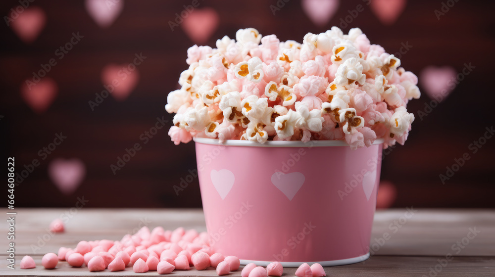 pink bucket of popcorn stands on a plain background, heart, romance, love, date, valentine's day, movie, food, day off, snack, fun, entertainment, pack, corn, film, cinema, card, symbol, sweet, salt pink bucket of popcorn stands on a plain background, heart, romance, love, date, valentine's day, movie, food, day off, snack, fun, entertainment, pack, corn, film, cinema, card, symbol, sweet, salt