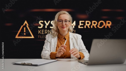 Embarrassed newscaster telling news against hacked background, system error