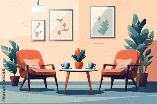 Office lounge with armchairs  potted plants  and relaxed ambience.