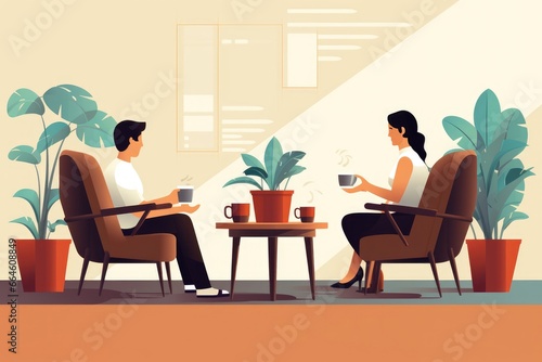 Сasual coffee break chat between colleagues. Man and woman are talking on lunch break.