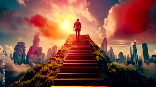 Man walking up flight of stairs towards city with tall buildings.