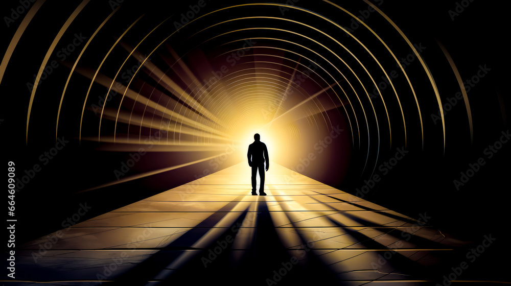 Man standing in the middle of tunnel with light at the end. Man standing in the middle of tunnel with light at the end.