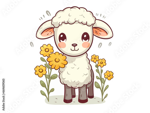 Doodle Lamb with flowers, cartoon sticker, sketch, vector, Illustration, minimalistic