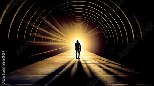 Man standing in the middle of tunnel with light at the end.