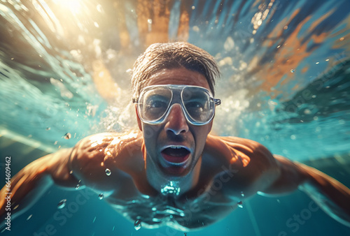 Man in swimming pool, swimming under water