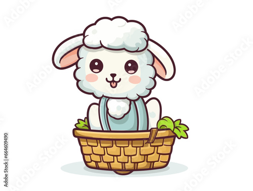 Doodle Lamb with basket, cartoon sticker, sketch, vector, Illustration, minimalistic