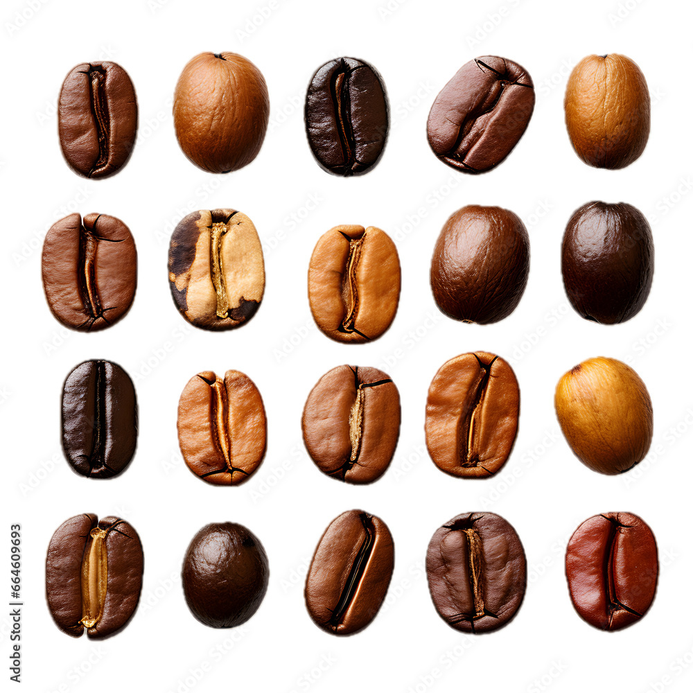 Set of roasted coffee beans on transparent background, top view, Grains of different degrees of roasting, png Set of roasted coffee beans on transparent background, top view, Grains of different degrees of roasting, png