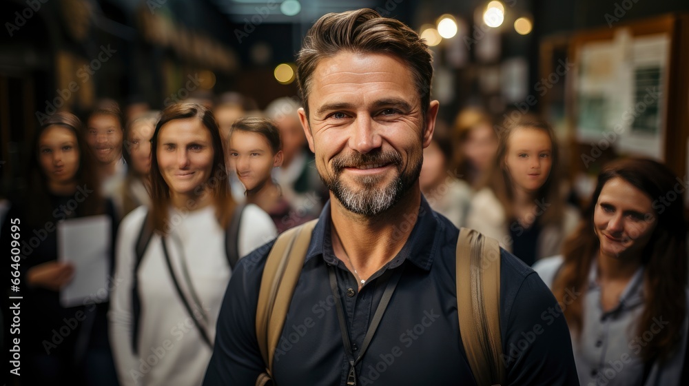 Smiling man in crowd, emanating confidence amid bustle. Smiling man in crowd, emanating confidence amid bustle.