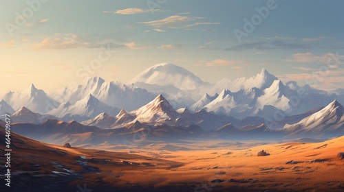 A rugged mountain range with a gradient from earthy brown to snowy white peaks.
