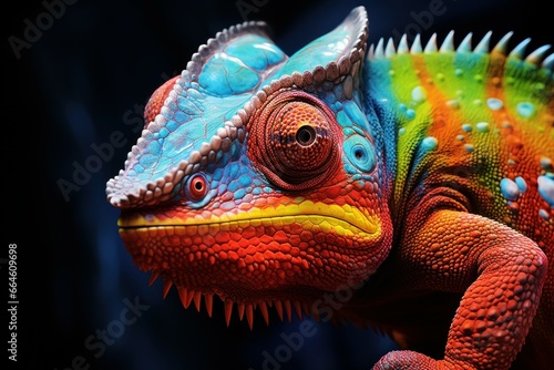Vivid Green chameleon closeup digital. Garden pet. Generate Ai