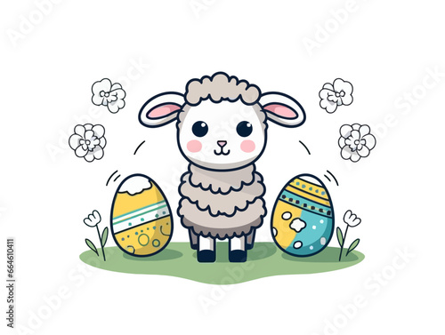 Doodle Lamb with Easter eggs, cartoon sticker, sketch, vector, Illustration, minimalistic