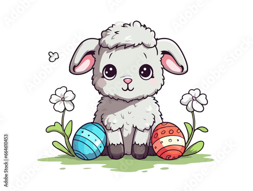 Doodle Lamb with Easter eggs, cartoon sticker, sketch, vector, Illustration, minimalistic