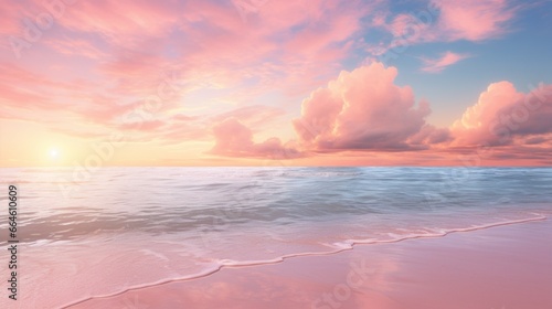 A serene beach at sunrise with the sky going from soft pink to gentle coral. © Fahad