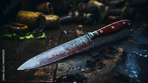 a knife with spots of red liquid