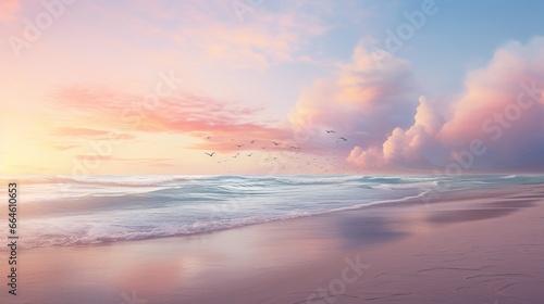A serene beach at sunrise with the sky going from soft pink to gentle coral.