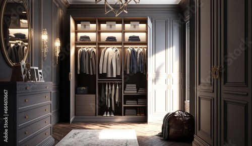Modern closets wardrobe storage interiors design AI Generated image