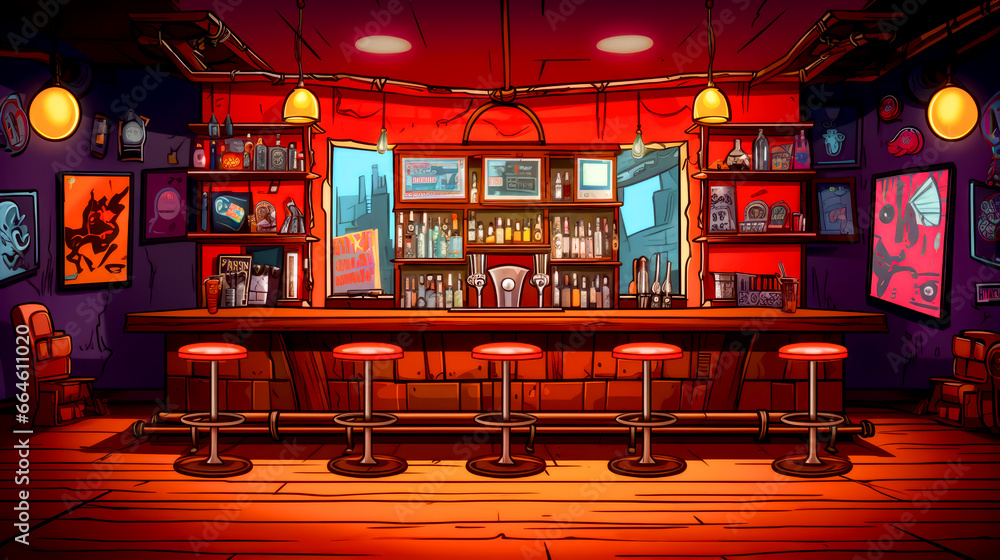 Drawing of bar with stools in front of red wall.