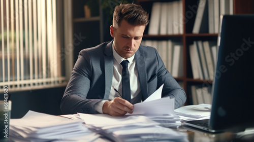 young businessman male working in office with stack of paper documents, paperwork and overwork concept, man at work photo