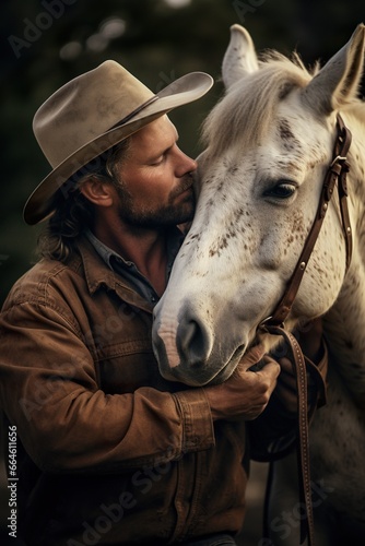 horseman man embrace and kiss horse at sunset, man kissing and hug equine at rancho