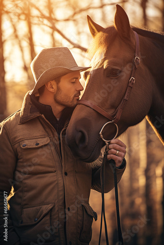 horseman man embrace and kiss horse at sunset, man kissing and hug equine at rancho