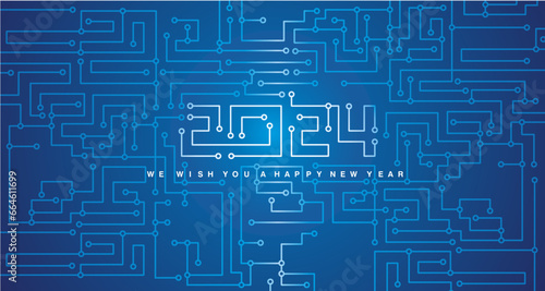 Circuit Board 2024. Happy New Year 2024 eve. Technology CPU, Microprocessor Interface. Futuristic hi-tech Circuit Number Digital Concept. PCB Illustration on blue background