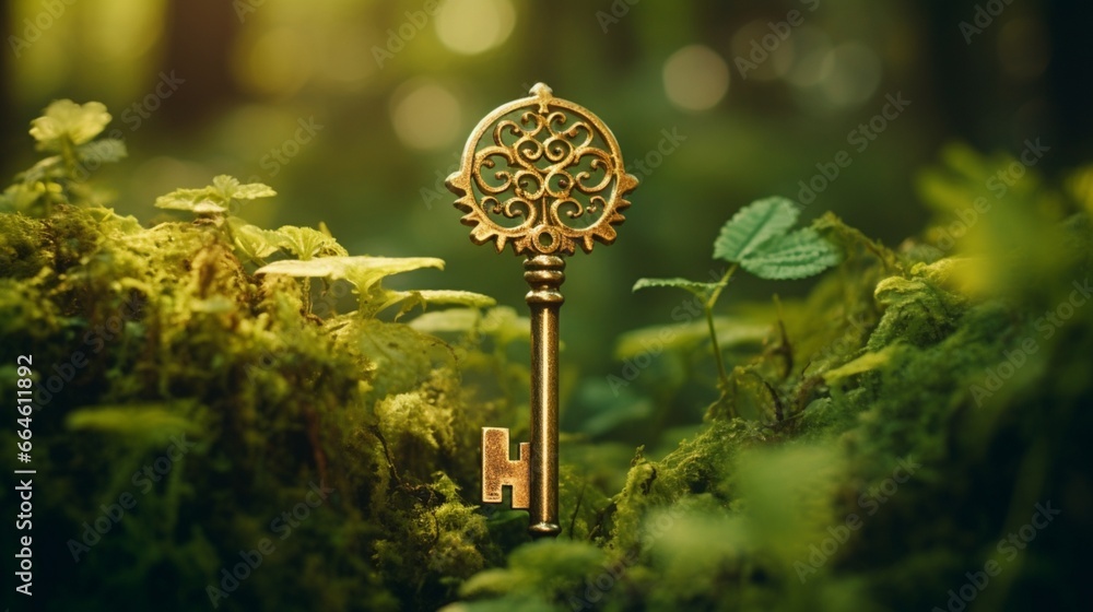 A shiny golden key isolated on a lush forest green background.