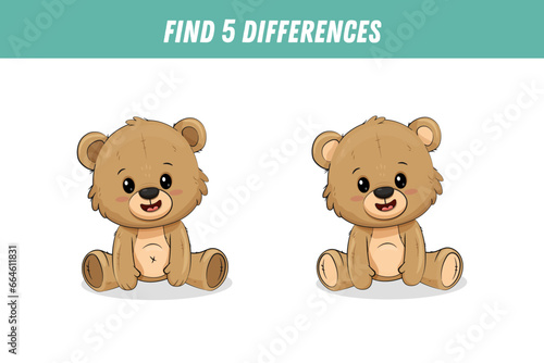 Find five differences between two pictures of cute brown bear. Cute teddy bear. Activity page. Vector