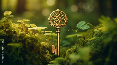 A shiny golden key isolated on a lush forest green background.