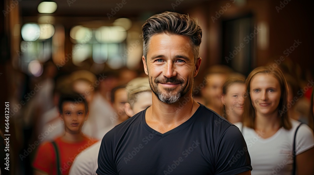 Smiling man in crowd, emanating confidence amid bustle. Smiling man in crowd, emanating confidence amid bustle.