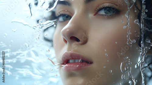  close up woman face who is arounded from water in a relaxed pose,  for symbolic message of a break, to escape from stress or problems or for enjoy wellness
 photo