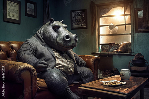 a large hippo is sitting on the sofa