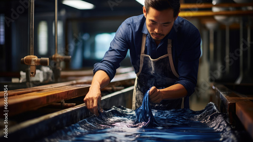 Skilled Japanese Indigo Dyer Immersing Fabric in Dye