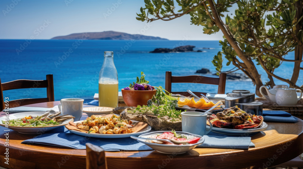 Table with Mezze Platters Moussaka Greek Salad by Azure Sea View
