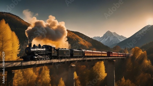sunrise over the mountains, _A vintage locomotive with a black smokestack and a yellow passenger car, crossing a wooden bridge