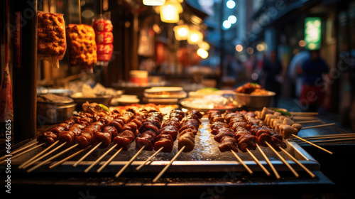 Sizzling Yakitori Skewers and Gyoza  Vibrant Japanese Street Stall