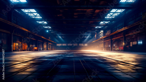 Empty warehouse with lot of light coming from the ceiling and beams of light coming from the ceiling. © Констянтин Батыльчук