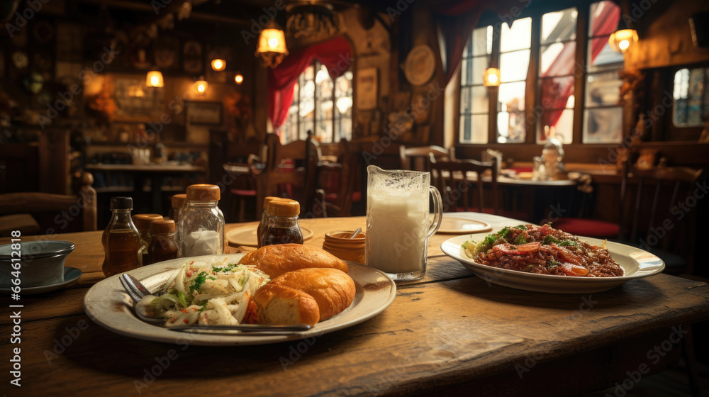Mugs of frothy beer and schnitzel in a cozy Austrian gasthaus