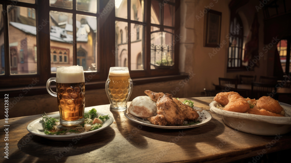Gasthaus with plates of schnitzel and potato salad