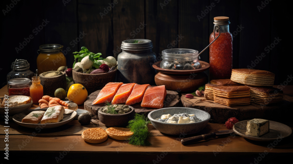 Array of herring dishes and gravlax in Swedish smorgasbord