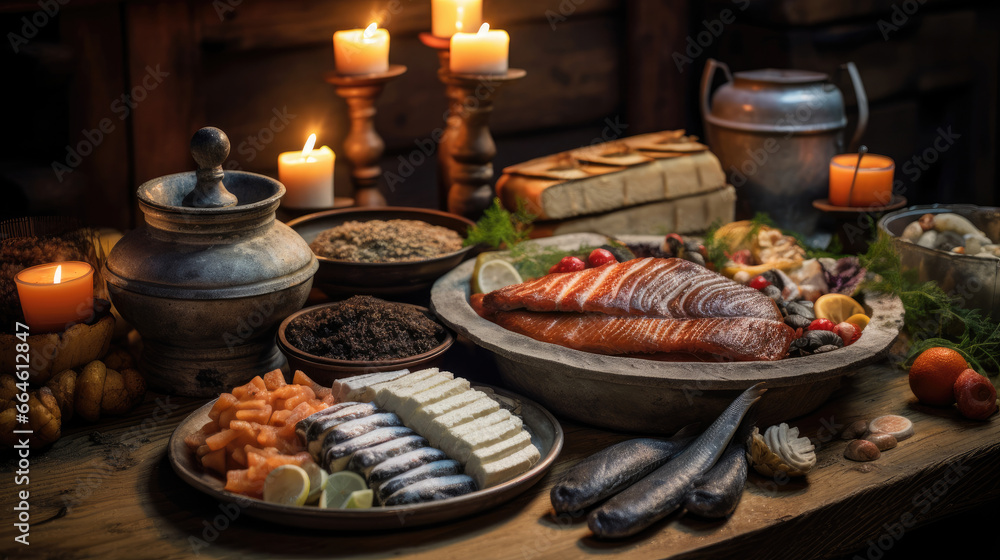 Charming Swedish smorgasbord with herring dishes Charming Swedish smorgasbord with herring dishes