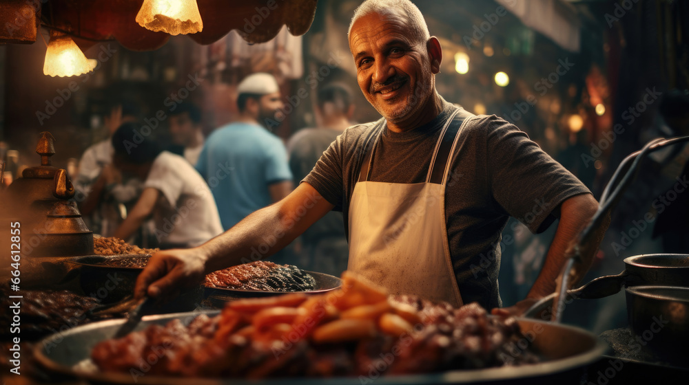 Vendors crafting aromatic plates in a lively Egyptian souk