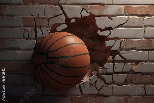 Basketball ball breaking through a brick wall. 3d illustration. © Sahil