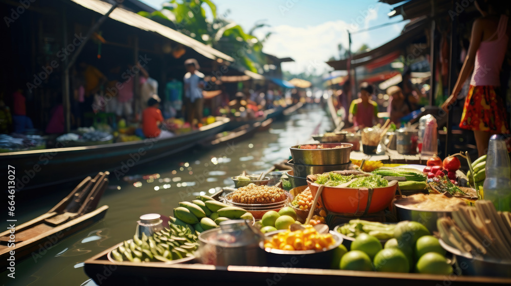 Bustling Thai Floating Market at Dawn with Vendors Crafting Steaming Boat Noodle Soup Fresh Coconut Ice Cream and Colorful Mango Sticky Rice