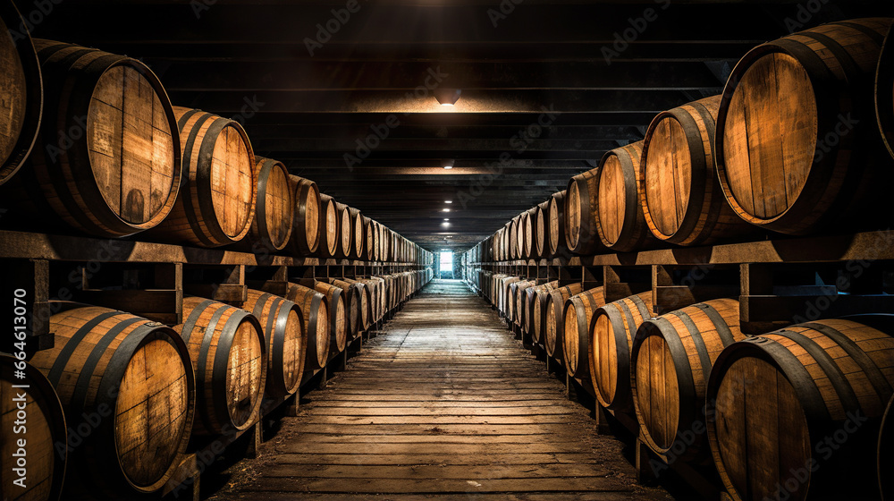 wine barrels in basement perspective, winery with wooden containers