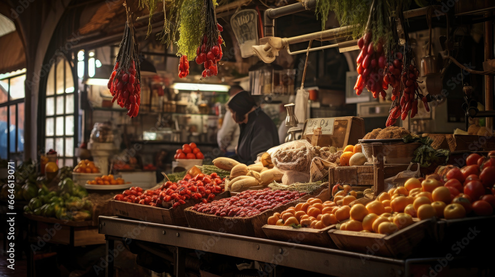Vibrant Spanish Mercado Offering Fresh Produce Olives and Manchego Cheese