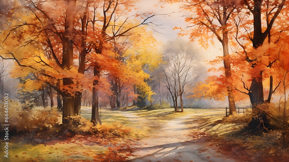 Autumn park spectacular lighting watercolor painting