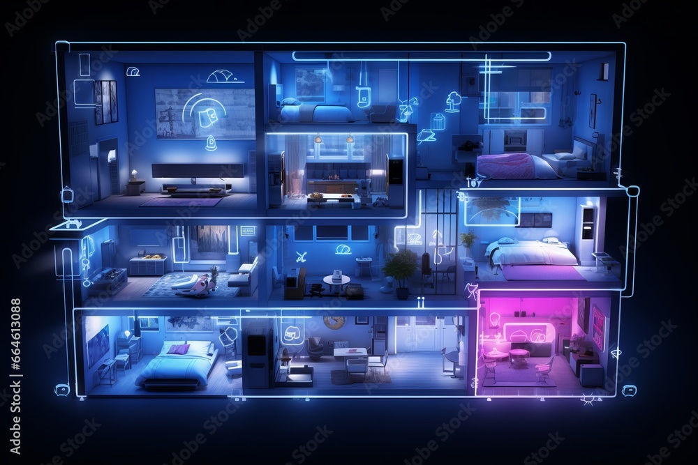 Digital community, smart homes and digital community, smart home illustration with artificial intelligence concept AI